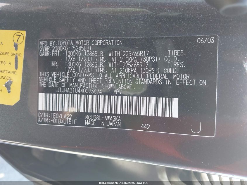 2004 Lexus Rx 330 VIN: JTJHA31U440023674 Lot: 43376576