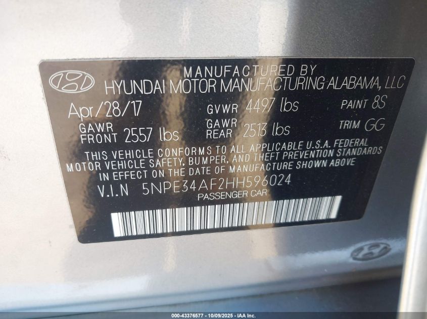 2017 Hyundai Sonata Limited VIN: 5NPE34AF2HH596024 Lot: 43376577