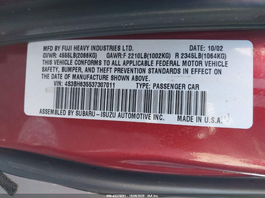 2003 Subaru Legacy L/L W/Special Edition Package VIN: 4S3BH635537307011 Lot: 43376591