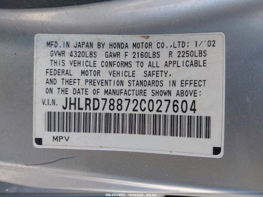 2002 Honda Cr-V Ex VIN: JHLRD78872C027604 Lot: 43376593