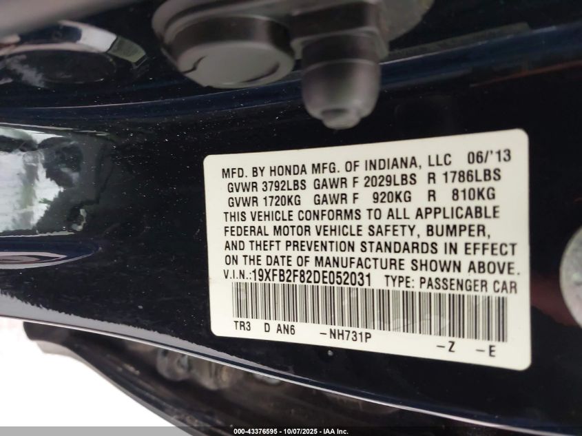 2013 Honda Civic Ex VIN: 19XFB2F82DE052031 Lot: 43376595