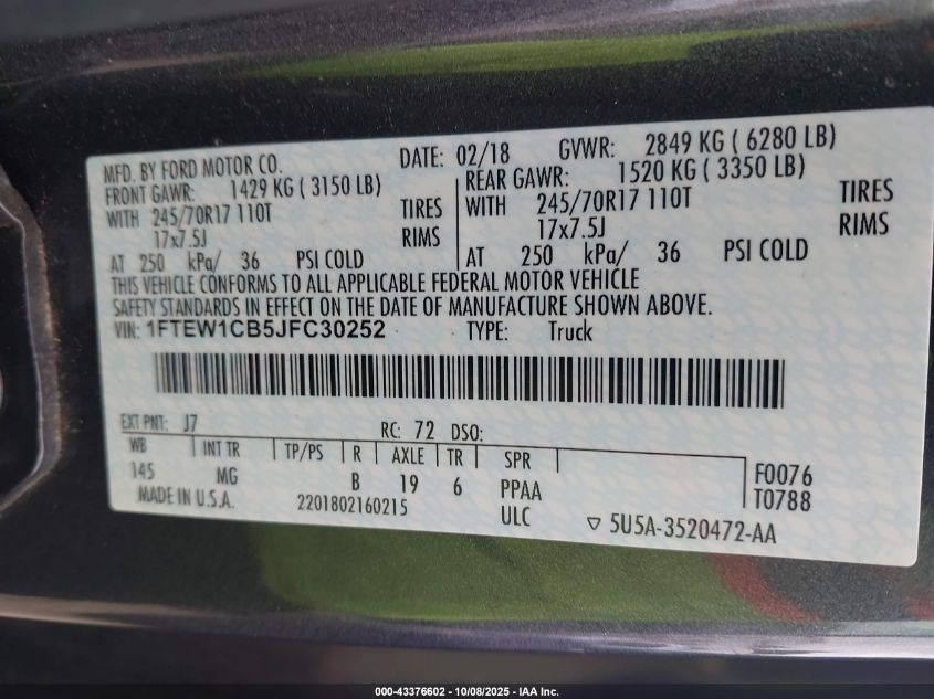 2018 Ford F-150 Xlt VIN: 1FTEW1CB5JFC30252 Lot: 43376602