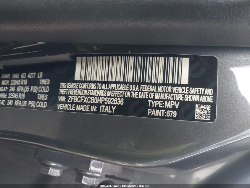 2017 Fiat 500X Trekking Fwd VIN: ZFBCFXCB0HP592636 Lot: 43376628