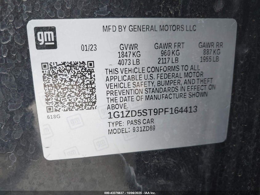 2023 Chevrolet Malibu Fwd 1Lt VIN: 1G1ZD5ST9PF164413 Lot: 43376637