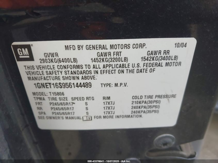 2005 Chevrolet Trailblazer Ext Ls VIN: 1GNET16S956144489 Lot: 43376641