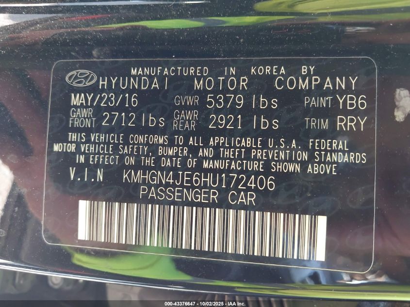 2017 Genesis G80 3.8 VIN: KMHGN4JE6HU172406 Lot: 43376647