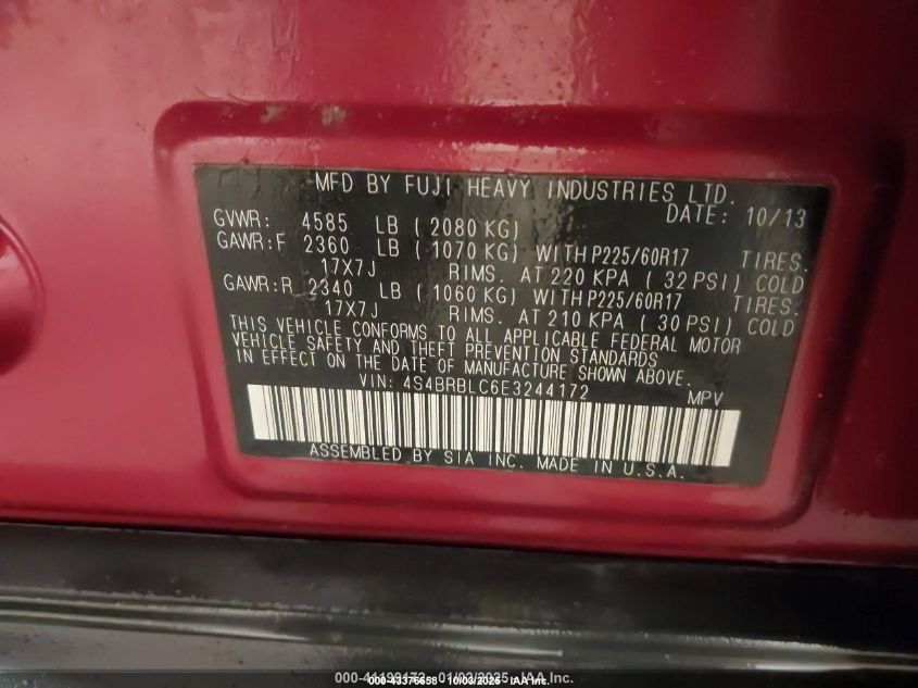 2014 Subaru Outback 2.5I Limited VIN: 4S4BRBLC6E3244172 Lot: 43376658