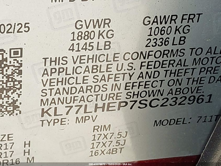 2025 Chevrolet Trax Fwd Lt VIN: KL77LHEP7SC232961 Lot: 43376670