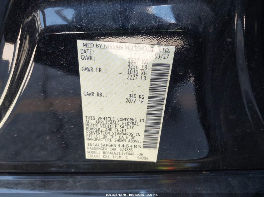 2017 NISSAN ALTIMA 2.5 S 1N4AL3AP6HN346485