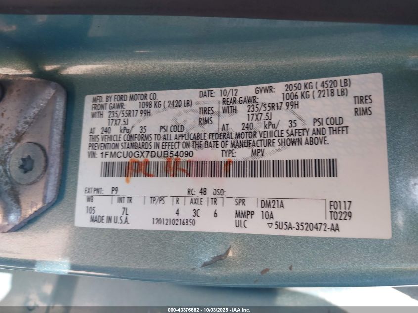 2013 Ford Escape Se VIN: 1FMCU0GX7DUB54090 Lot: 43376682