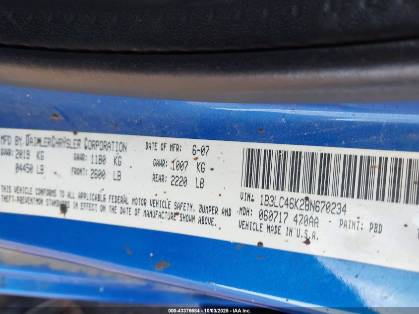 2008 Dodge Avenger Se VIN: 1B3LC46K28N670234 Lot: 43376684