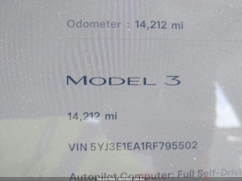 2024 Tesla Model 3 Long Range Dual Motor All-Wheel Drive/Rear-Wheel Drive VIN: 5YJ3E1EA1RF795502 Lot: 43376685