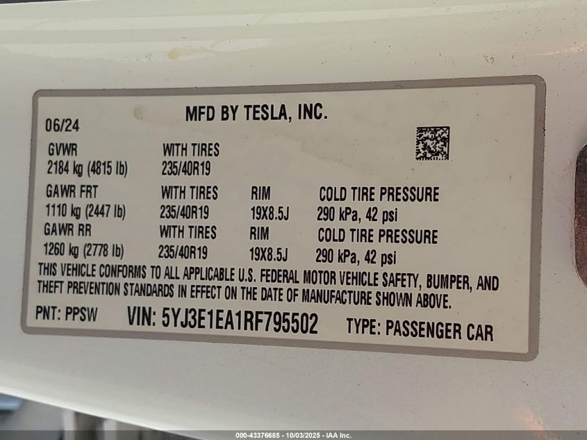 2024 Tesla Model 3 Long Range Dual Motor All-Wheel Drive/Rear-Wheel Drive VIN: 5YJ3E1EA1RF795502 Lot: 43376685