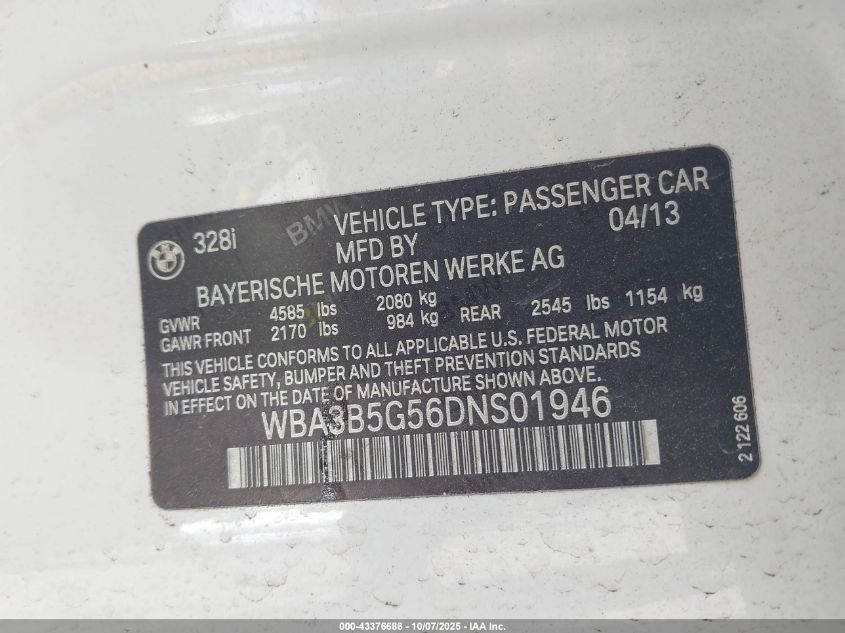 2013 BMW 328I xDrive VIN: WBA3B5G56DNS01946 Lot: 43376688