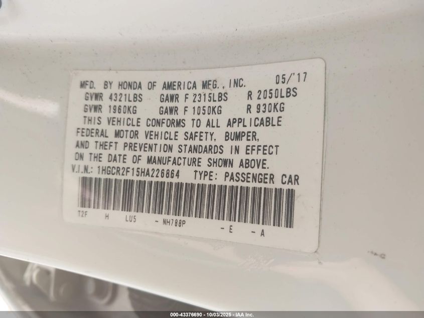 2017 Honda Accord Sport Se VIN: 1HGCR2F15HA226864 Lot: 43376690