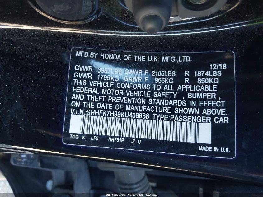 2019 Honda Civic Sport Touring VIN: SHHFK7H99KU408838 Lot: 43376708