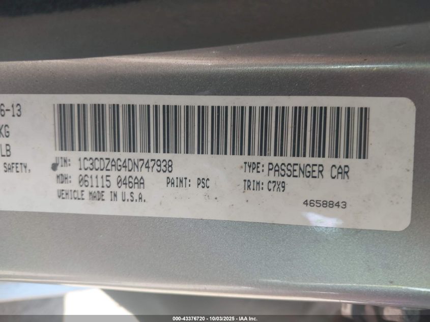 2013 Dodge Avenger Se V6 VIN: 1C3CDZAG4DN747938 Lot: 43376720