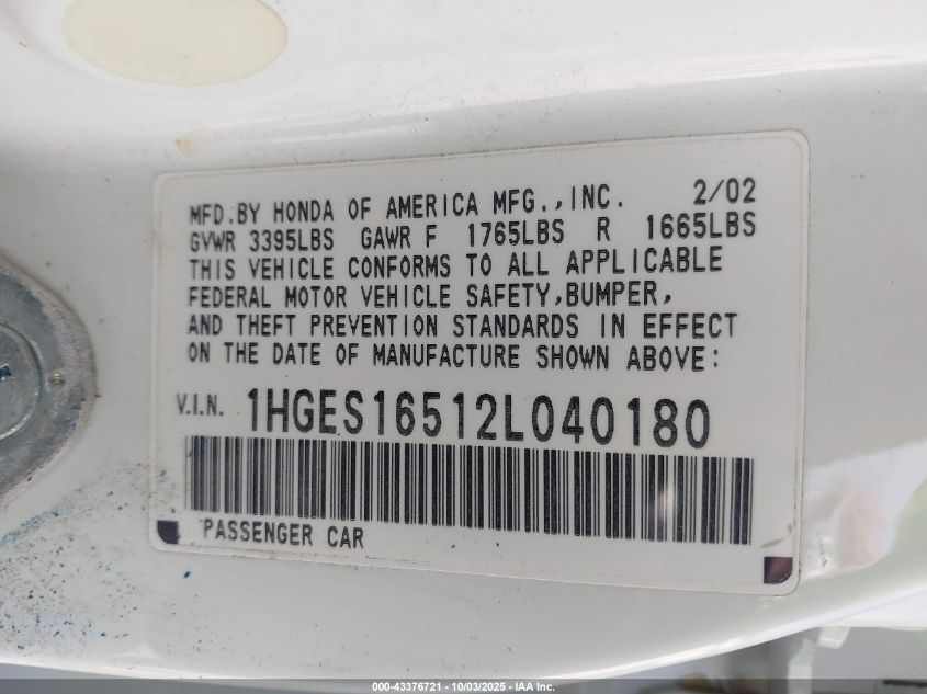 2002 Honda Civic Lx VIN: 1HGES16512L040180 Lot: 43376721