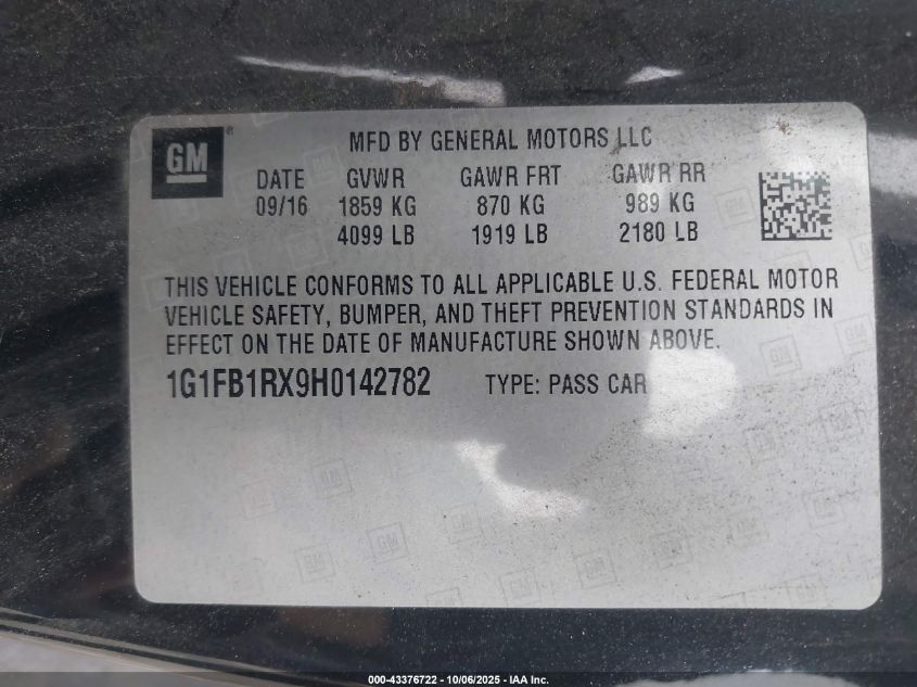 2017 Chevrolet Camaro 1Lt VIN: 1G1FB1RX9H0142782 Lot: 43376722