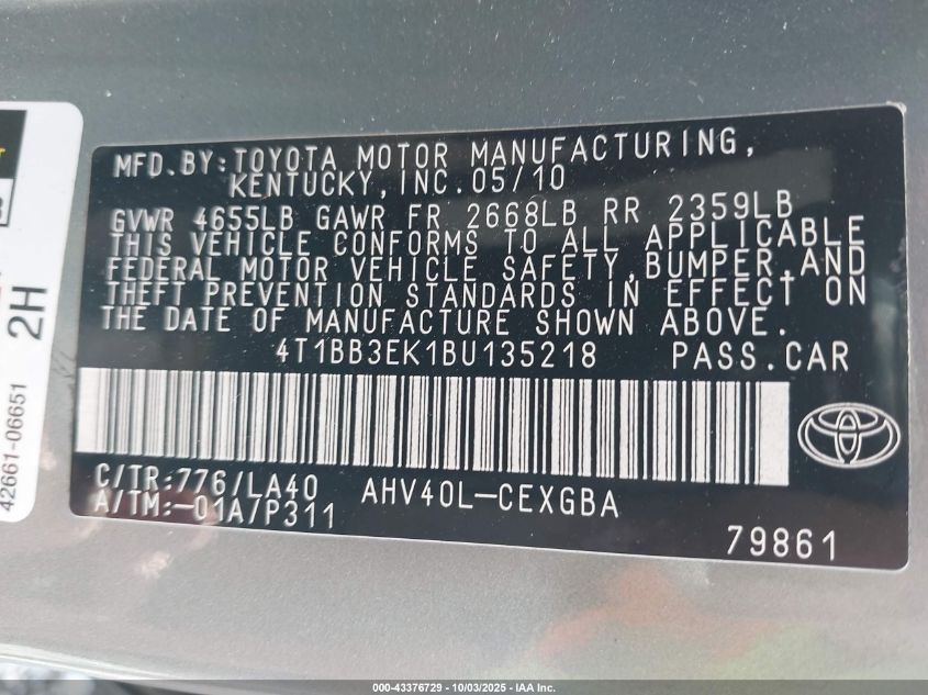 2011 Toyota Camry Hybrid VIN: 4T1BB3EK1BU135218 Lot: 43376729