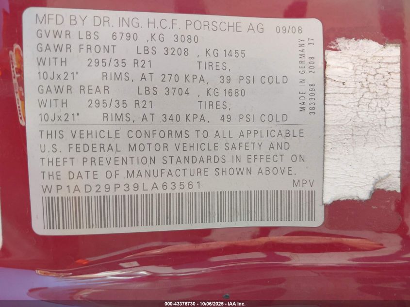 2009 Porsche Cayenne Gts VIN: WP1AD29P39LA63561 Lot: 43376730