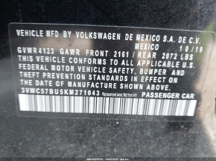 2019 Volkswagen Jetta 1.4T R-Line/1.4T S/1.4T Se VIN: 3VWC57BU5KM271043 Lot: 43376742