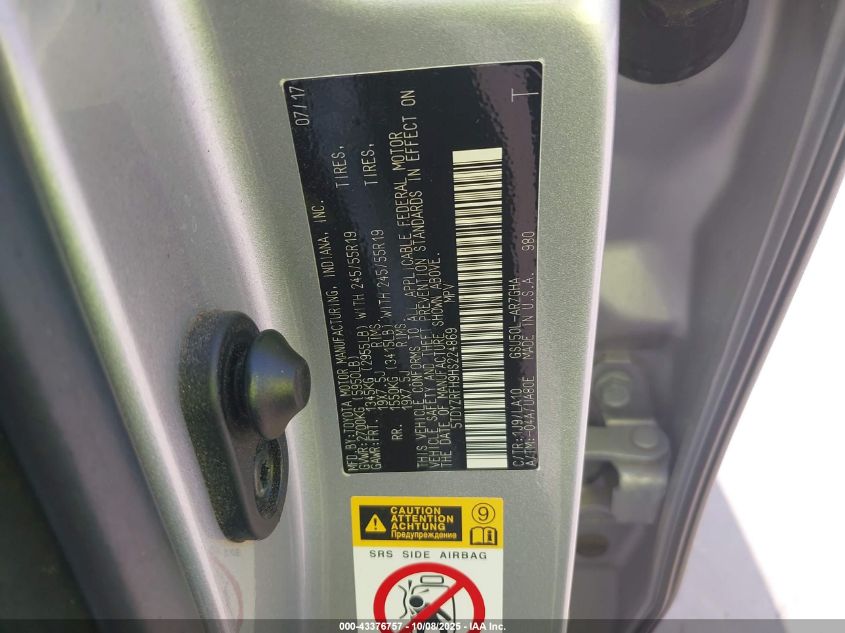 2017 Toyota Highlander Limited VIN: 5TDYZRFH9HS224869 Lot: 43376757