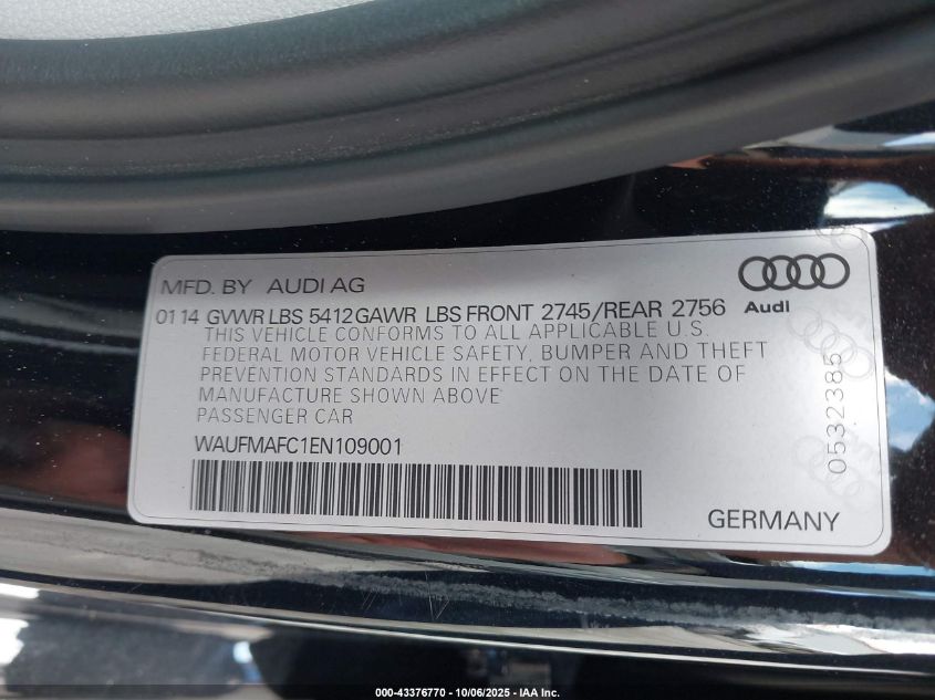 2014 Audi A6 3.0 Tdi Premium Plus VIN: WAUFMAFC1EN109001 Lot: 43376770