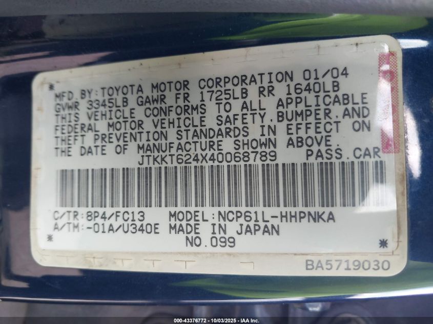 2004 Scion Xa VIN: JTKKT624X40068789 Lot: 43376772