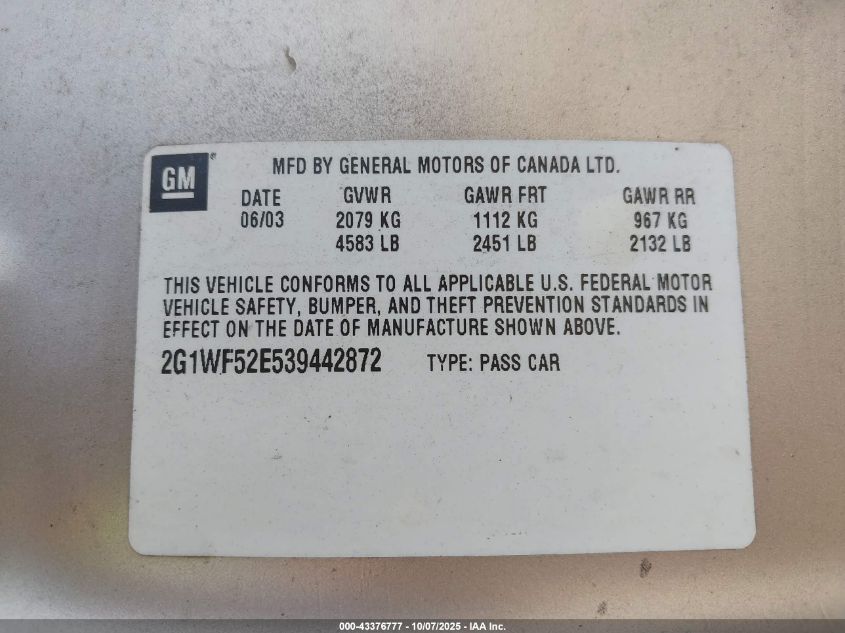 2003 Chevrolet Impala VIN: 2G1WF52E539442872 Lot: 43376777