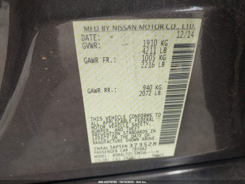 2015 NISSAN ALTIMA 2.5 SL 1N4AL3AP5FN373528