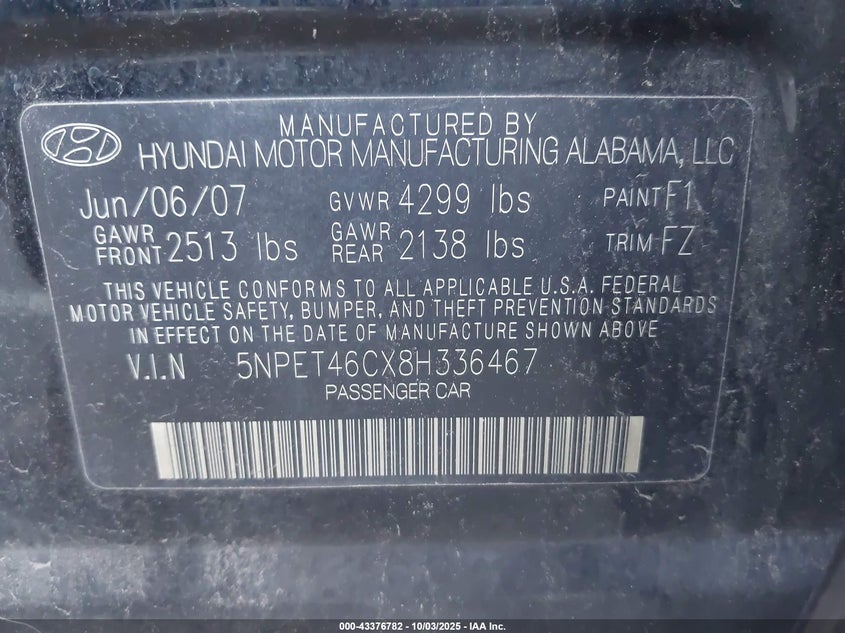 2008 Hyundai Sonata Gls VIN: 5NPET46CX8H336467 Lot: 43376782