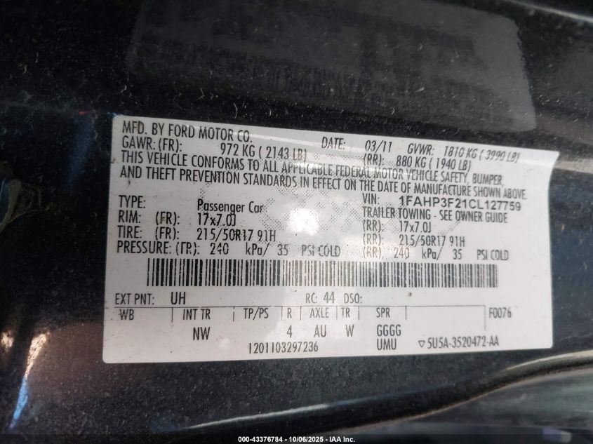 2012 Ford Focus Se VIN: 1FAHP3F21CL127759 Lot: 43376784