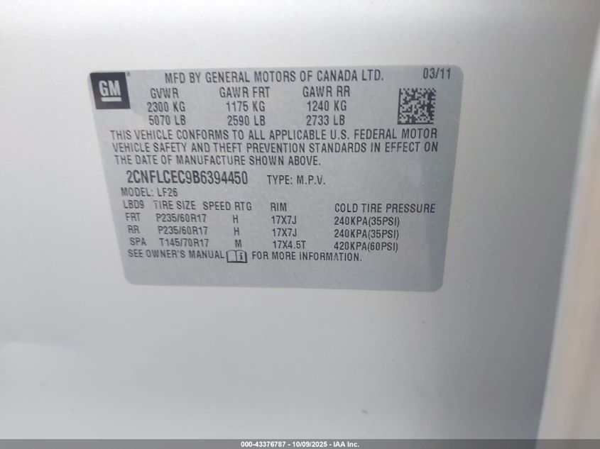 2011 Chevrolet Equinox Ls VIN: 2CNFLCEC9B6394450 Lot: 43376787