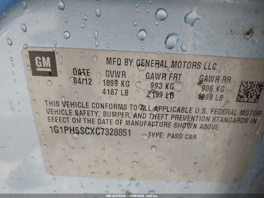 2012 Chevrolet Cruze Ltz VIN: 1G1PH5SCXC7328851 Lot: 43376789