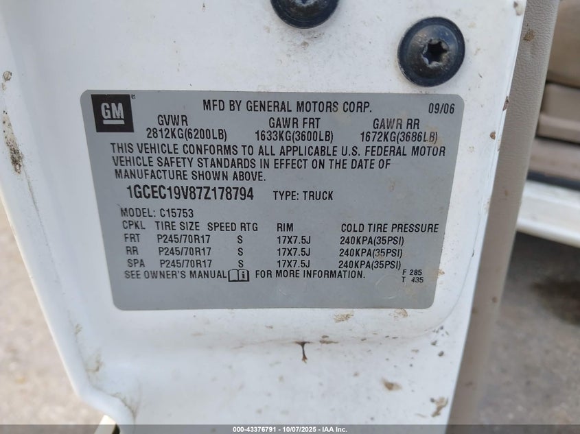 2007 Chevrolet Silverado 1500 Classic Lt1 VIN: 1GCEC19V87Z178794 Lot: 43376791