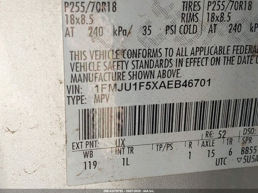 2010 Ford Expedition Xlt VIN: 1FMJU1F5XAEB46701 Lot: 43376793