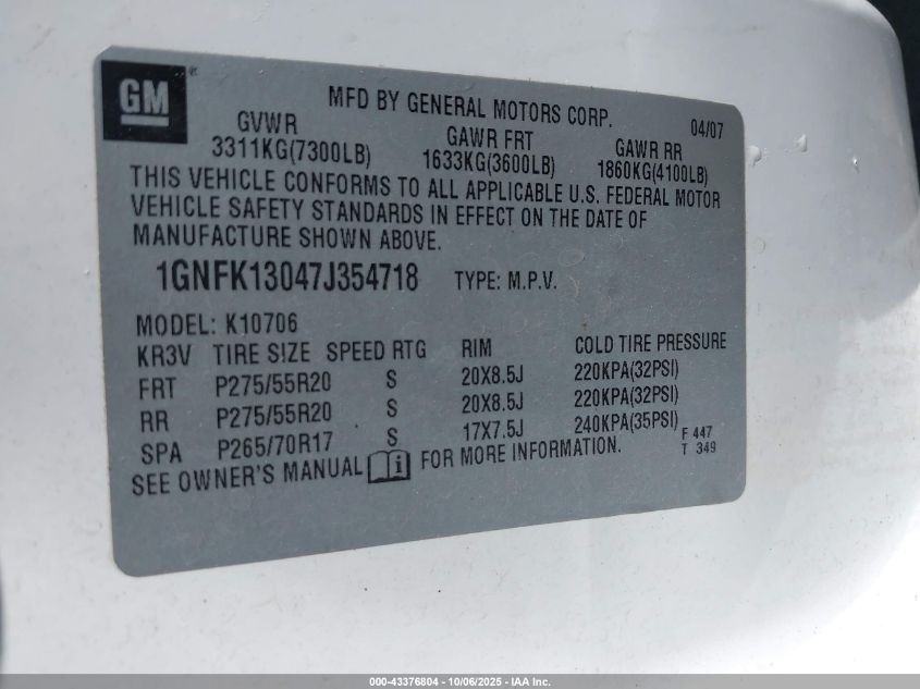 2007 Chevrolet Tahoe Ltz VIN: 1GNFK13047J354718 Lot: 43376804