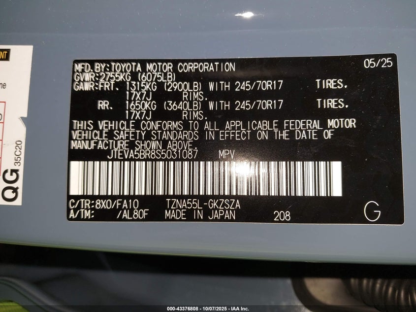 2025 TOYOTA 4RUNNER SR5 JTEVA5BR8S5031087