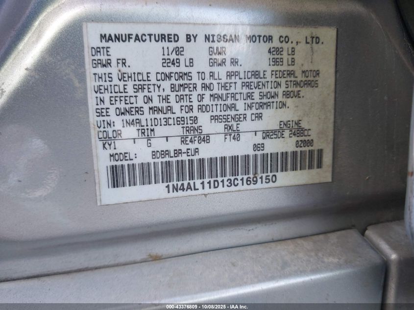 2003 Nissan Altima 2.5 Sl VIN: 1N4AL11D13C169150 Lot: 43376809