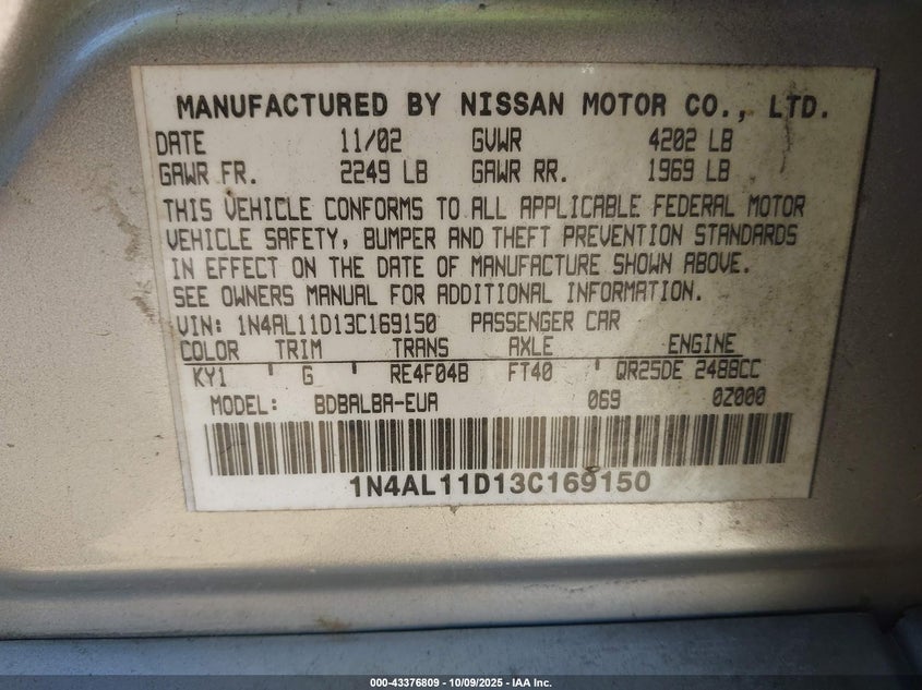 2003 Nissan Altima 2.5 Sl VIN: 1N4AL11D13C169150 Lot: 43376809