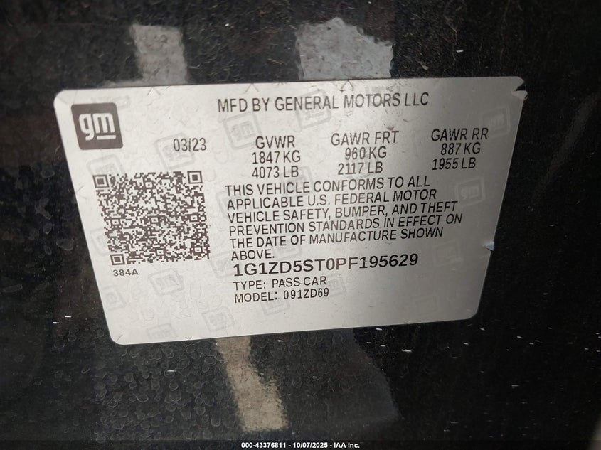 2023 Chevrolet Malibu Fwd 1Lt VIN: 1G1ZD5ST0PF195629 Lot: 43376811