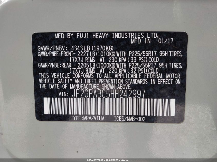 2017 Subaru Crosstrek 2.0I Premium VIN: JF2GPABC5HH242997 Lot: 43376817