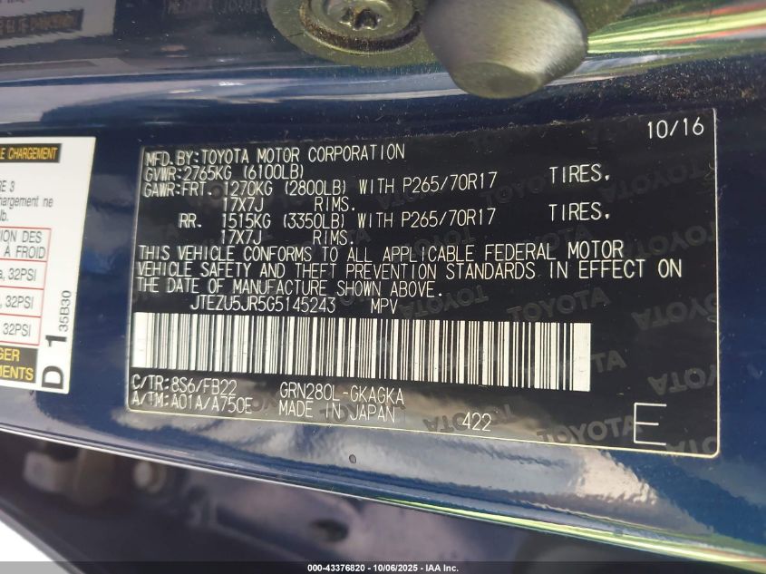 2016 Toyota 4Runner Sr5 VIN: JTEZU5JR5G5145243 Lot: 43376820