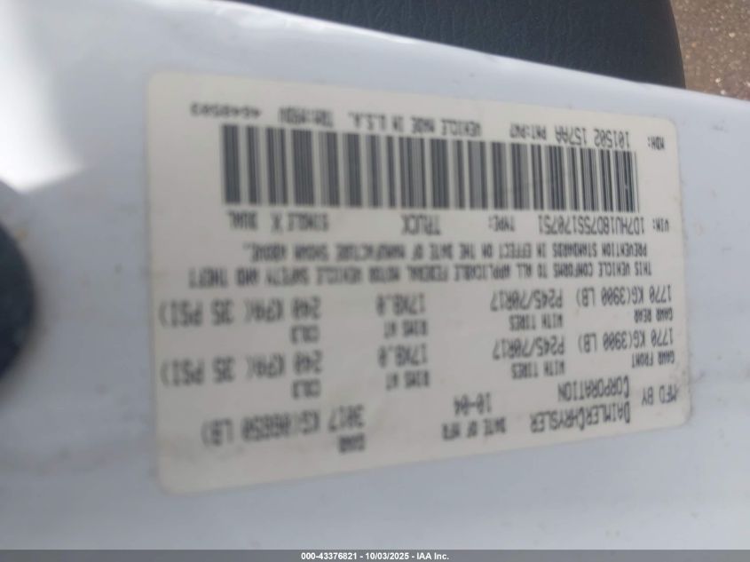 2005 Dodge Ram 1500 Slt/Laramie VIN: 1D7HU18D75S170751 Lot: 43376821