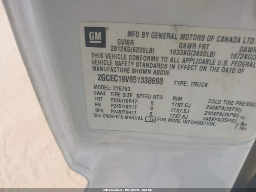 2005 Chevrolet Silverado 1500 Work Truck VIN: 2GCEC19V651338693 Lot: 43376828