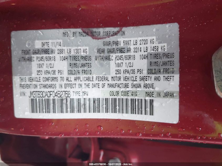 2015 Mazda Cx-9 Touring VIN: JM3TB3CA0F0452768 Lot: 43376836
