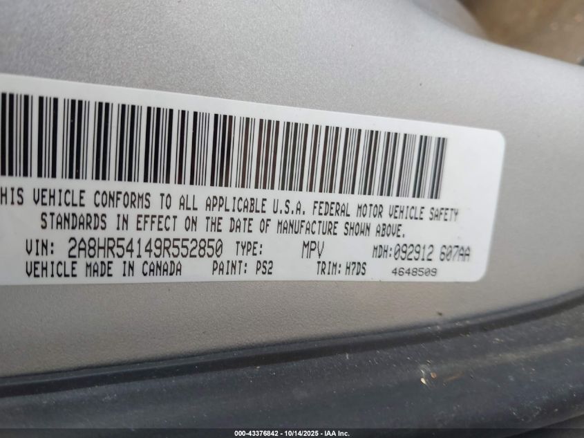 2009 Chrysler Town & Country Touring VIN: 2A8HR54149R552850 Lot: 43376842