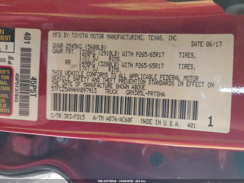 2017 Toyota Tacoma Trd Sport VIN: 5TFCZ5AN4HX097913 Lot: 43376846