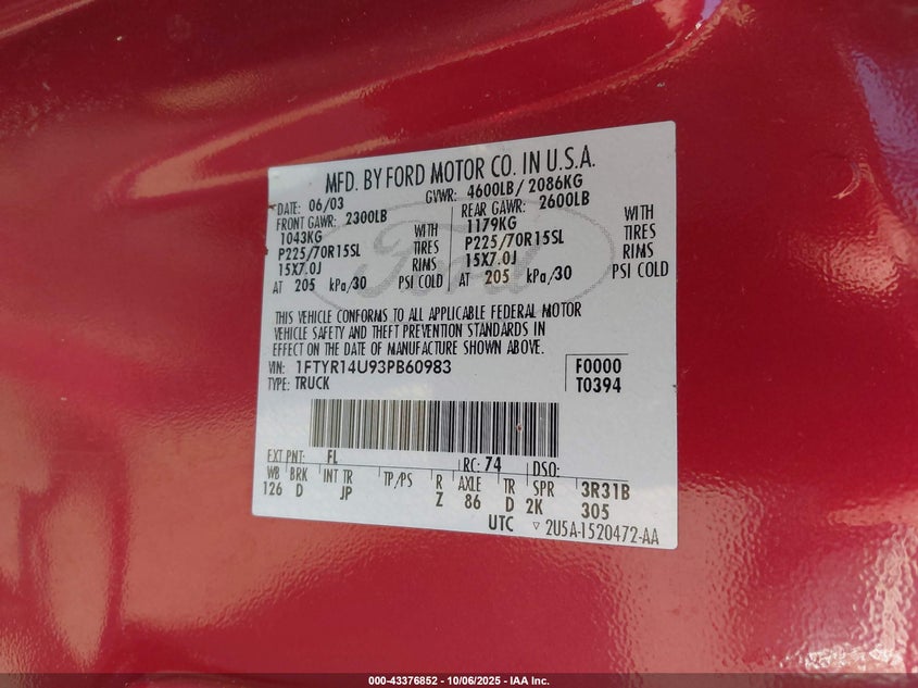 2003 Ford Ranger Edge/Tremor/Xl/Xlt VIN: 1FTYR14U93PB60983 Lot: 43376852